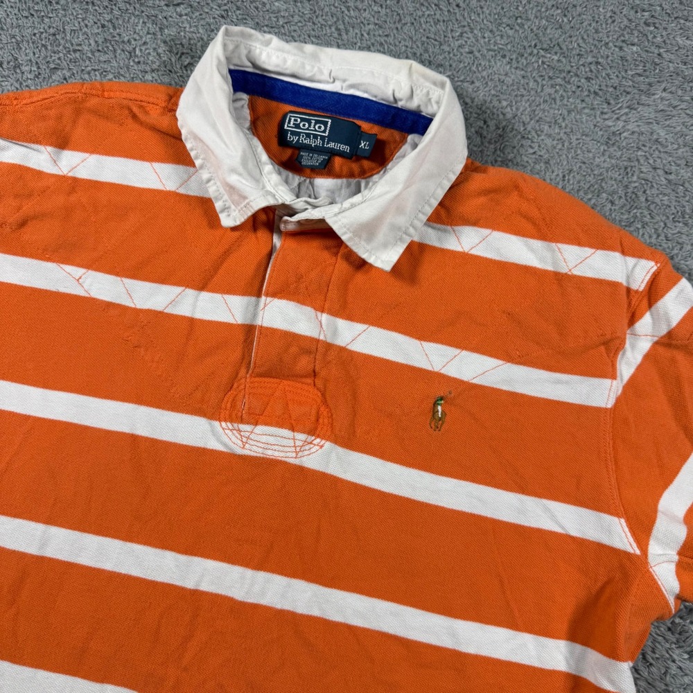 Polo Ralph Lauren Rugby Shirt Mens XL Orange Striped Short Sleeve Padded Cotton